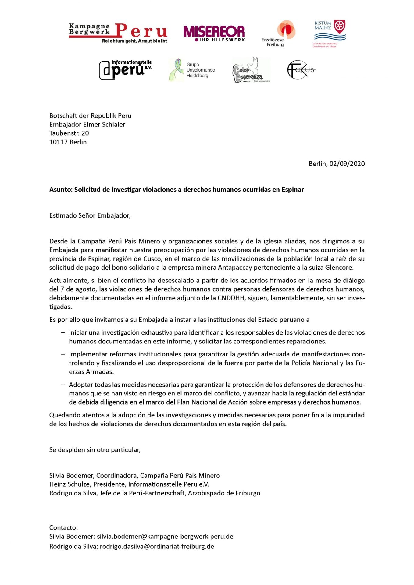 Brief an die peruanische Botschaft in Berlin im Fall Antapaccay/Xtrata-Glencore